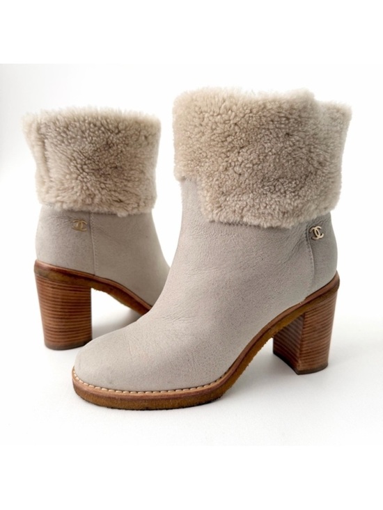 CHANEL Shoes - CHANEL | Beige Shearling Fur Suede Ankle Boots Heeled Booties CC Logo 37.5